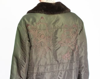 Vintage ICEBERG Army Green Shearling Bomber with Embroidered Deer at Back Bambi 90s Flight Jacket IT 42 S M L