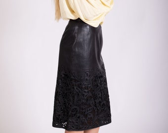 Vintage VALENTINO Laser Cut Leather Slit Detail Midi Skirt with Mesh Inlets sz 26 27 IT42 Pelle Garavani Minimal 90s Y2K