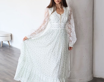 Gunne サックスブルー長袖花柄レースドレス - Etsy 日本