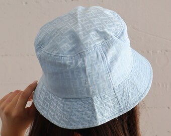 Vintage FENDI Baby Blue Zucchini Bucket Hat FF Zucca Logo