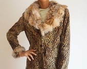 1990s Velvet Italian Made Leopard Print Jacket with Rabbit Fur Collar and Trim