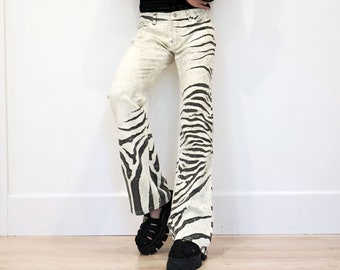 Vintage Roberto Cavalli S/S 1999 Zebra Print Flared Jeans sz M White Black Stone Wash 90s Animal Print Boot Cut