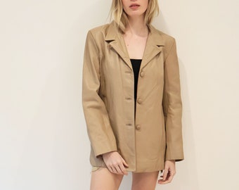 Vintage Y2K Nude Leather Minimalist Blazer with Pockets sz 12 S M L Jacket Coat Tan Beige