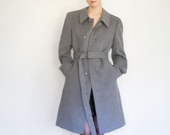 Vintage Pierre Cardin 1980s Gray Minimalist Belted Wool Structured Coat 80s Overcoat Tailored