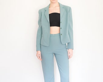 Vintage Giorgio Armani 90s Turquoise Blue Minimal Wool Suit sz XS S 6 Tailored Baby Blue Teal Green Minimalist