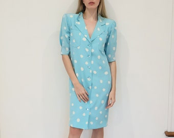 Vintage EMANUEL UNGARO Tee 1980s Baby Blue Silk Polka Dot Puff Sleeve Dress with Buttons up Front sz 8 S M Teal Structured Shoulder