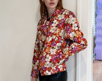 Vintage Christian Dior Sports Red Floral Print Bomber Jacket with Embroidered CD Sports Logo Rainbow Jacket 90s XS S M