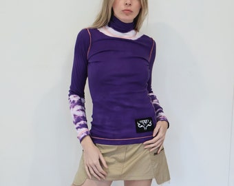 Vintage DIESEL Y2K Purple + White Ribbed Tie Dye Turtleneck with Logo Patch + Piercing Detail at Back Tyedye 2000s Racer