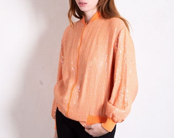 1990s Orange Sequin Bomber Jacket with Ribbed Knit Trim Iridescent sz XS S M Vintage 90s Art to Wear