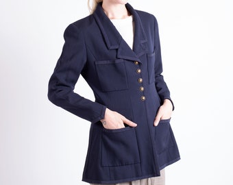 Vintage CHANEL 1993 Navy Baby Blue Virgin Wool Jacket with Gold CC Logo  Buttons + Grosgrain Trim Blazer Coat sz FR 42 xs s m 90s Coat