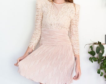 1980s Pale Pink Lace + Fortuny Plissé Mini Dress with Diamanté Crystals sz XS S Sheer Pearl Buttons Micro Pleat