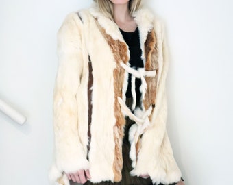 Vintage Handmade White Rabbit Fur Coat with Rawhide Leather Interior + Fur Tie and Toggle Closures and Brown Suede Insets OOAK 70s 1970s