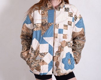 Vintage 1980s OOAK Patchwork Quilt Bomber Jacket sz S M L Tapestry Handmade 80s Wearable Art Coat Antique