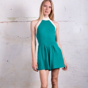 1990s St. John Turquoise Knit Halter Romper with Pockets Teal Jumpsuit XS S 90s Backless Open Back