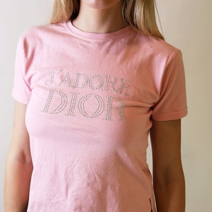 Christian Dior by John Galliano 'J'adore Dior' Pink Diamante Studded Baby Tee Y2K 2000s FR 28 S M Vintage image 1