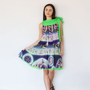 Vintage Jean Paul Gaultier Archival Diver Print Mesh Logo Dress with Green Tie Bust sz S Rare Synchronized Swimmer People Print Purple Y2K