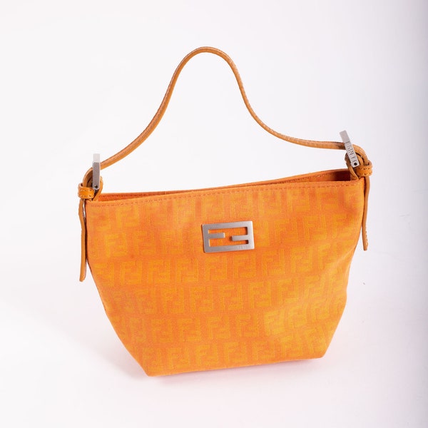 Vintage FENDI Zucchino Orange Mini Pochette with Silver Hardware Purse Canvas + Leather FF Clutch Baguette Zucca Bag