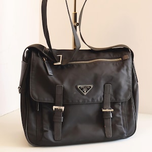 Vintage PRADA Vitello Double Buckle Crossbody Messenger Bag in Black Nylon with Silver Hardware Tessuto Medium Vela 90s Y2K Minimal Unisex