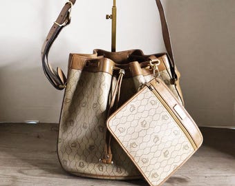 Christian Dior 1980s Honeycomb Monogram Leather and Canvas Crossbody Bucket Bag with Built in Wallet CD Logo Marc Bohan Saddle Gold Hardware