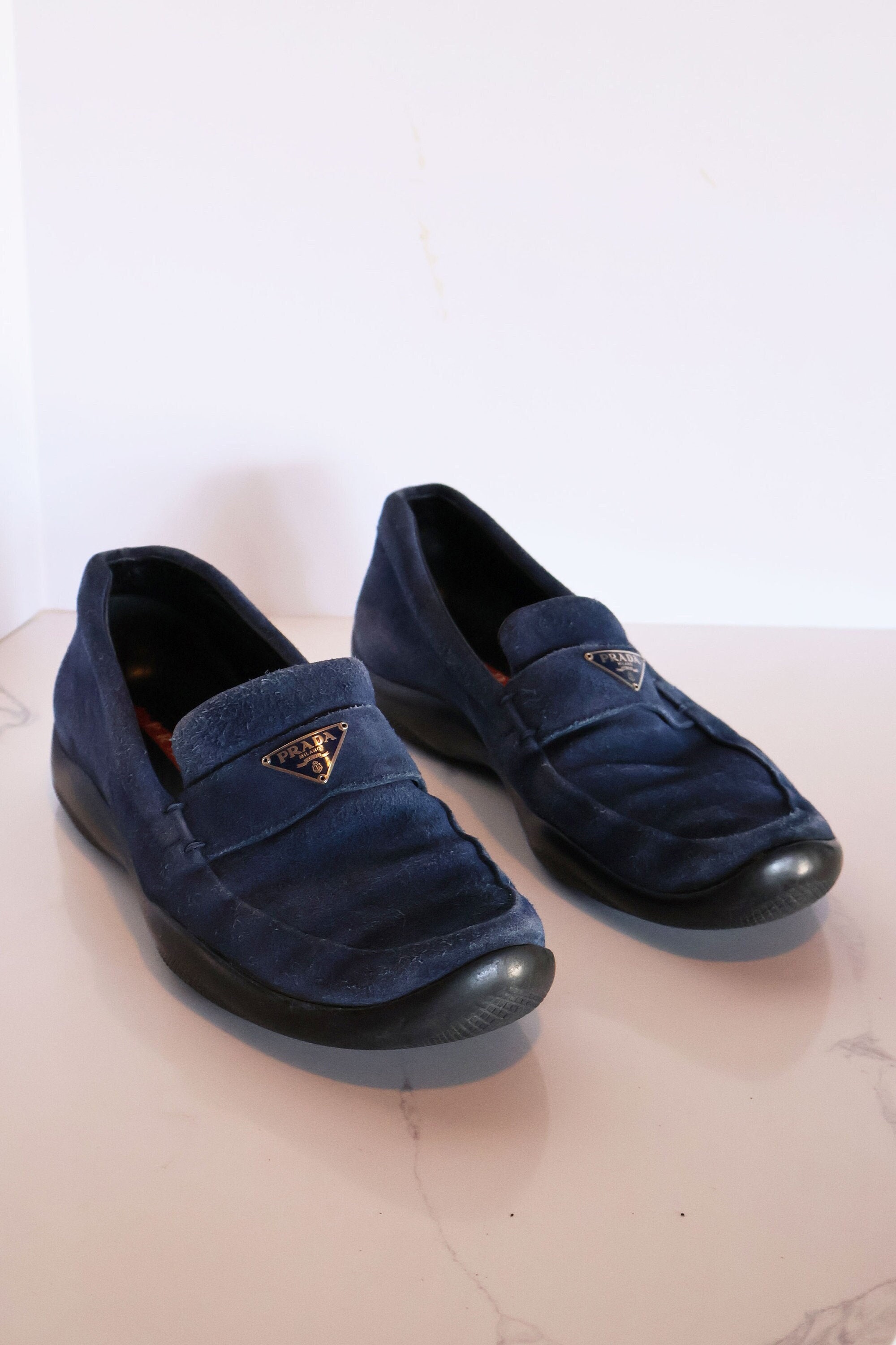 Vintage PRADA Sport Line Cobalt Suede Logo Plaque Loafers Sz Vintage PRADA Sport Line Cobalt Suede Logo Plaque Loafers Sz