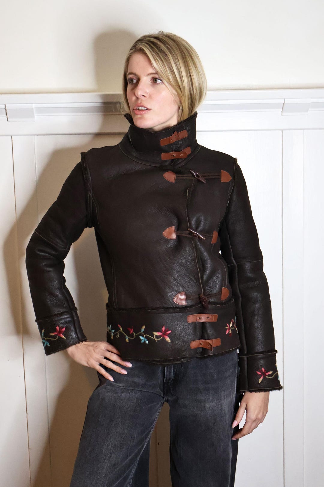 Vintage Vivienne Tam 1990s Brown Leather + Shearling Lined Floral