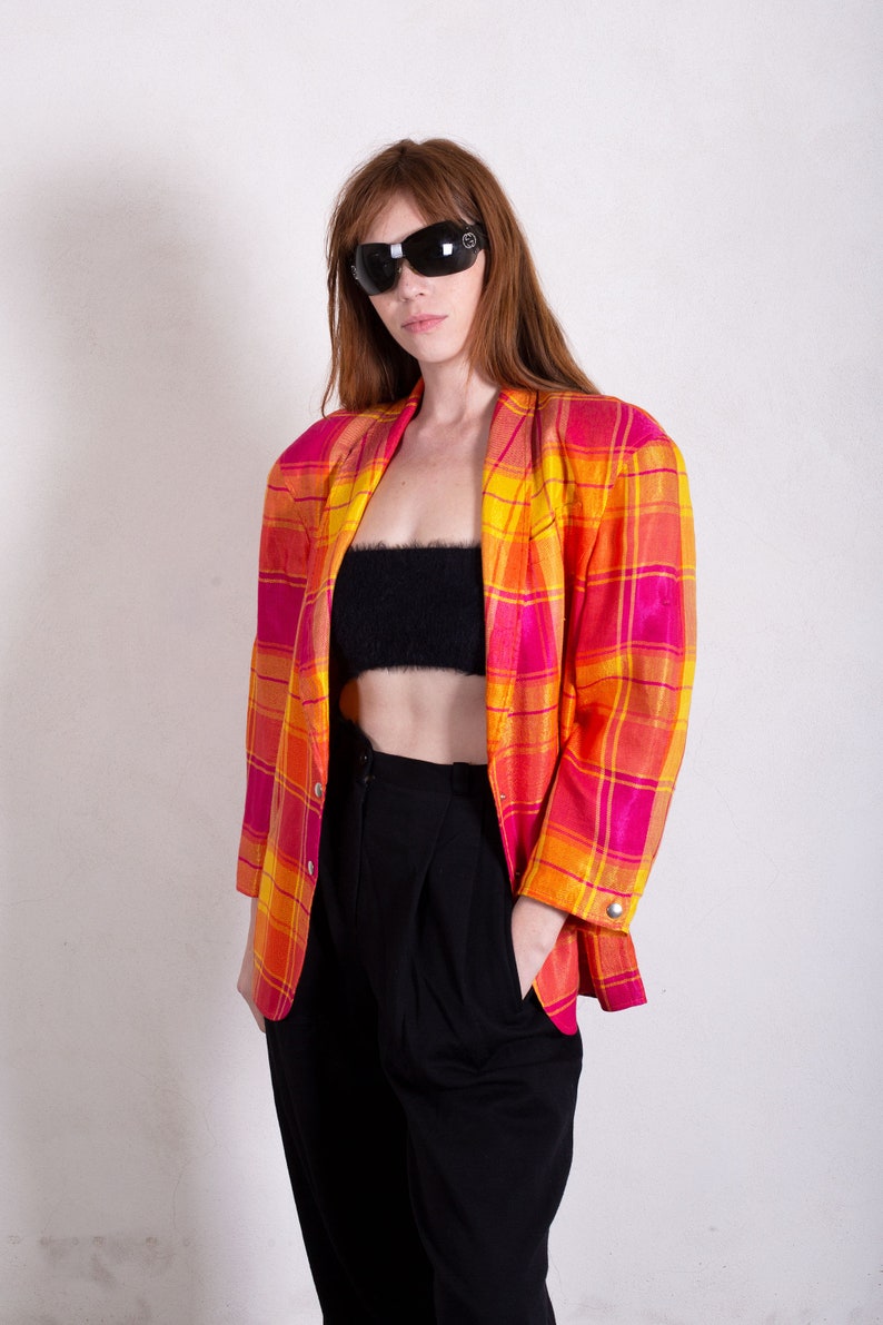 Vintage Thierry Mugler 1980s Sculptural Plaid Linen Blazer with Snap Buttons sz FR 44 S M L Orange Pink Yellow Structured image 4