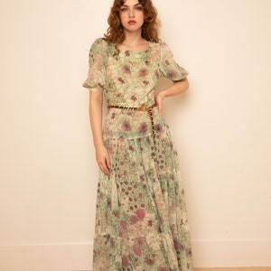Vintage 1970s Gunne Sax Style Tiered Semi Sheer Floral Puff Sleeve Prairie Dress sz XS S Square Neck Green Purple image 4