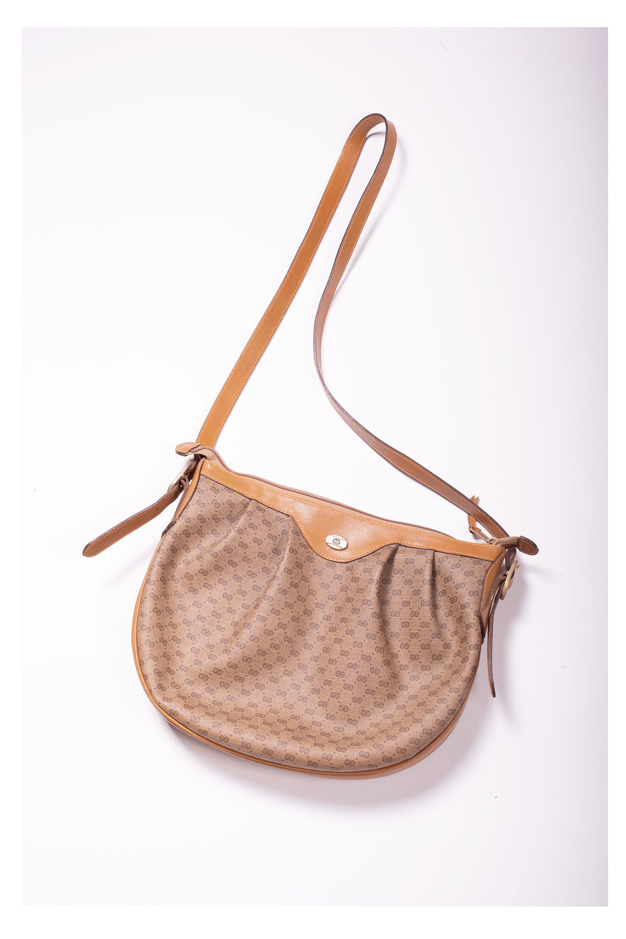1980s Brown Monogram Vintage Gucci Handbag With Adjustable Strap