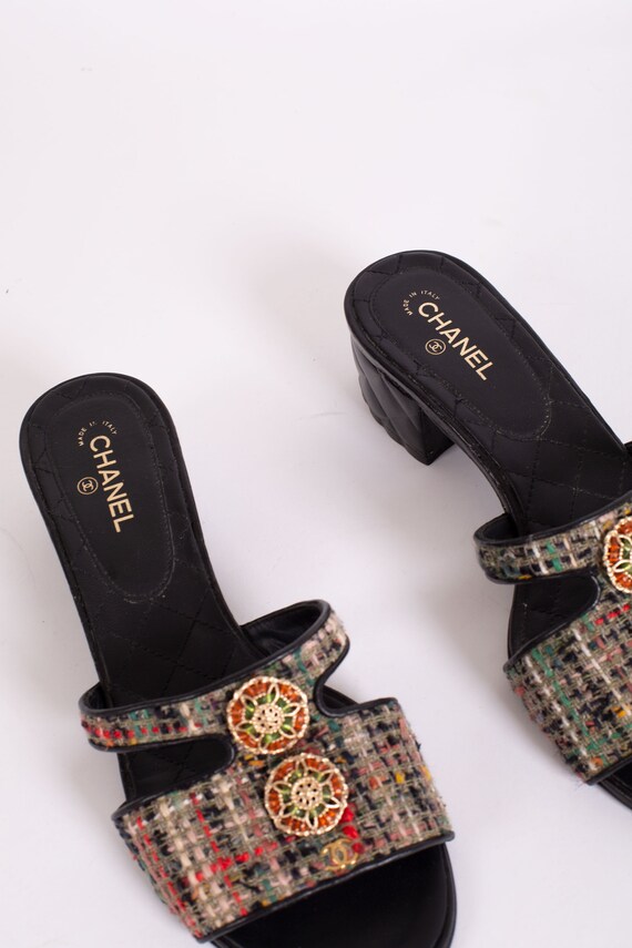 Vintage Chanel Rainbow Tweed Quilted Mules with J… - image 2