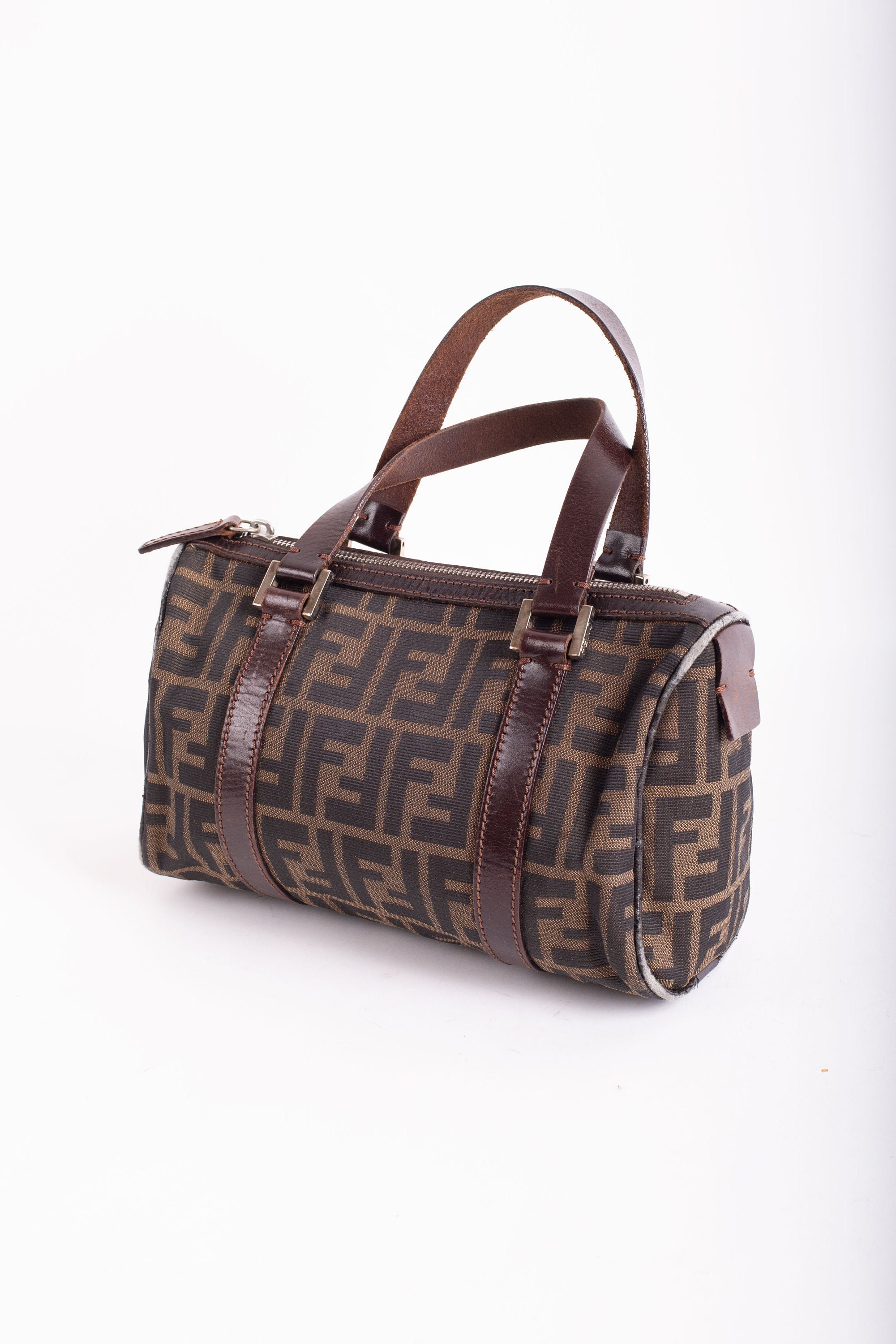 Fendi Brown, Pattern Print Leather Trimmed Mini Pequin Boston Bag w/ Strap