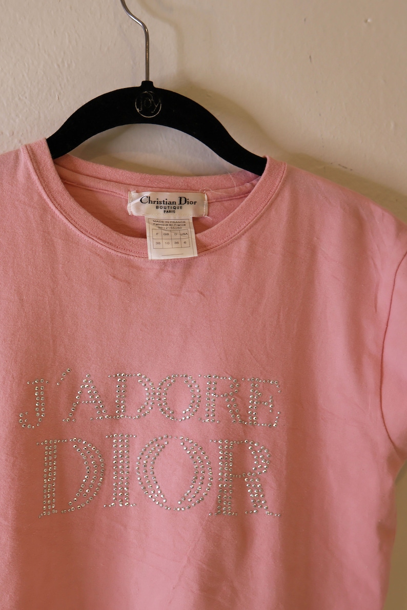 Christian Dior by John Galliano 'J'adore Dior' Pink Diamante Studded Baby Tee Y2K 2000s FR 28 S M Vintage image 7