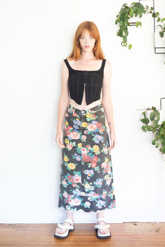 Vintage Comme Des Garçons Y2K Floral Black Denim Maxi Skirt Vintage Comme Des Garçons Y2K Floral Black Denim Maxi Skirt