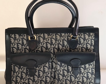 Vintage CHRISTIAN DIOR Navy Double Pocket Trotter Top Handle Tote Bag Monogram Blue Denim CD Logo 90s Y2K John Galliano Tote 2000s