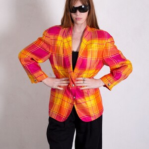 Vintage Thierry Mugler 1980s Sculptural Plaid Linen Blazer with Snap Buttons sz FR 44 S M L Orange Pink Yellow Structured image 5