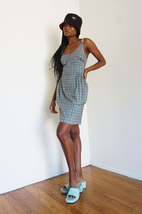 PRADA Y2K Blue Checkered Corset Style Racerback Dr
