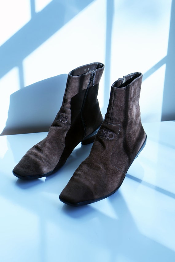 Vintage Salvatore Ferragamo Brown Suede Square Toe Boots