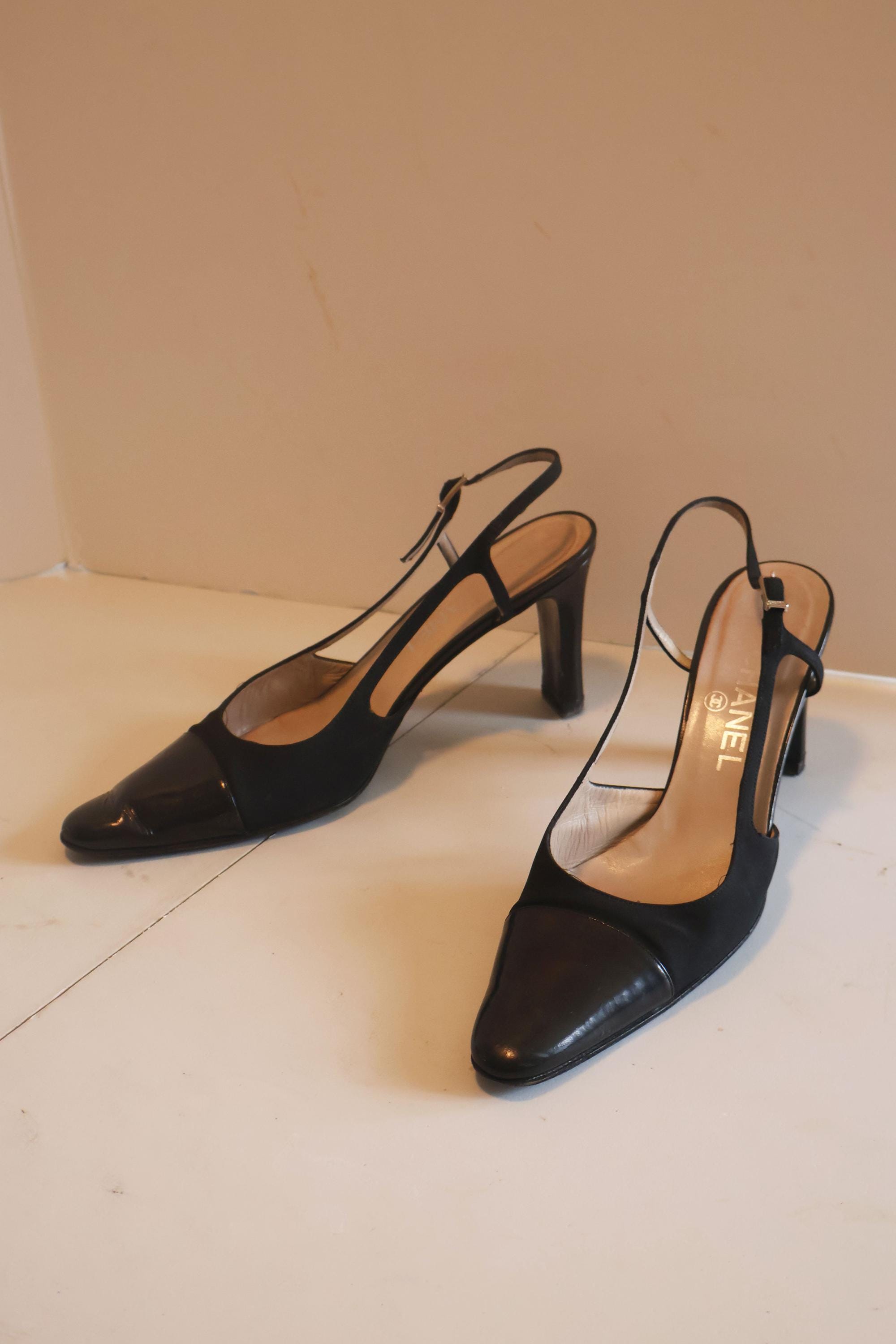 Vintage CHANEL 1990s Black Nylon + Patent Two Tone Suede Slingback