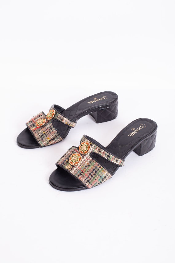 Vintage Chanel Rainbow Tweed Quilted Mules with J… - image 4
