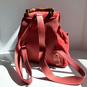 GUCCI Coral Red Suede & Leather Bamboo Handle Backpack Large Jumbo GG Gold Hardware Logo 90s Y2K Toggle image 8