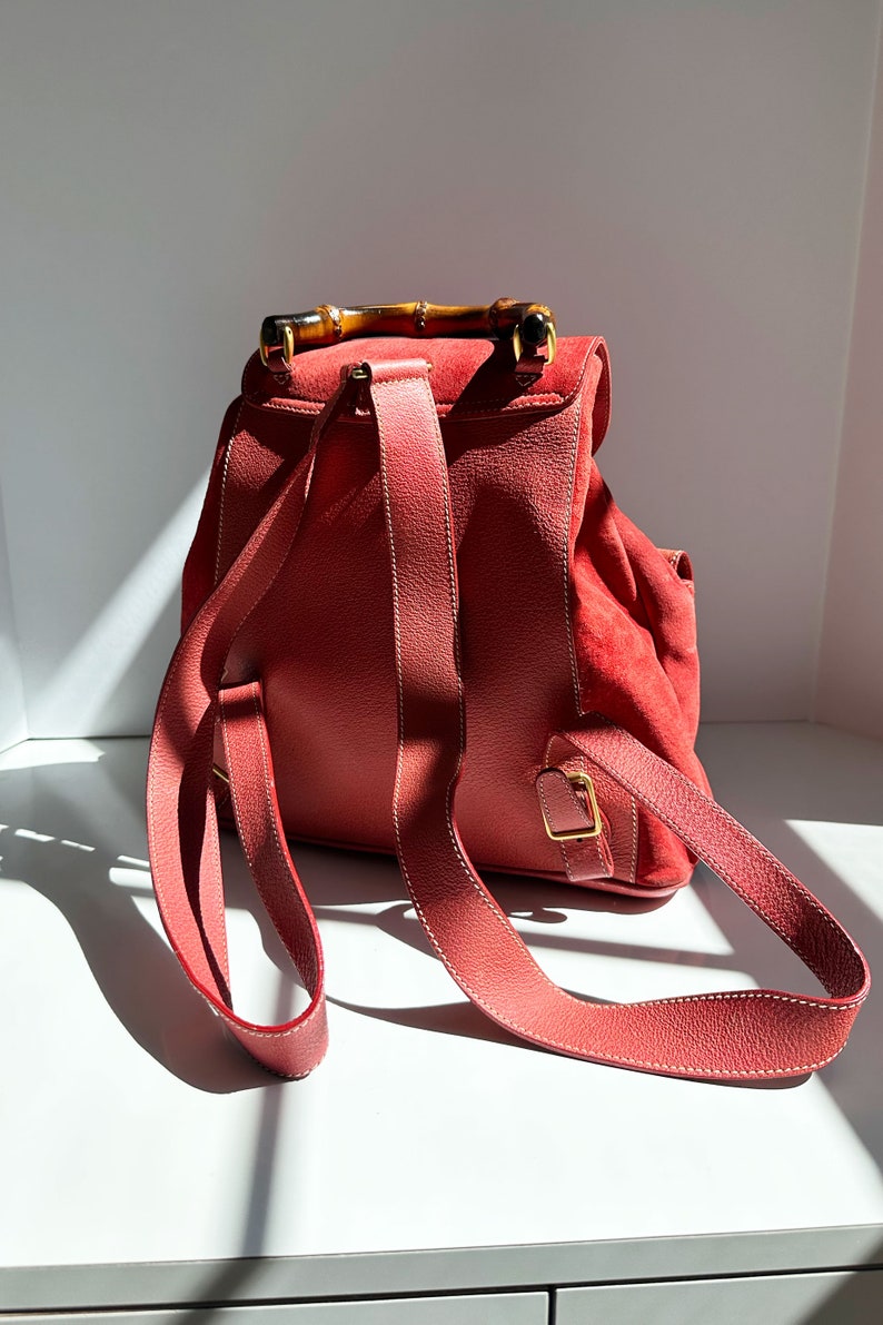 GUCCI Coral Red Suede & Leather Bamboo Handle Backpack Large Jumbo GG Gold Hardware Logo 90s Y2K Toggle image 8