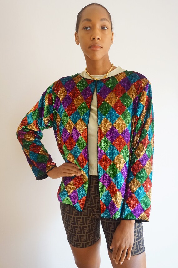 1980s Diamond Print Rainbow Silk Sequined Jacket