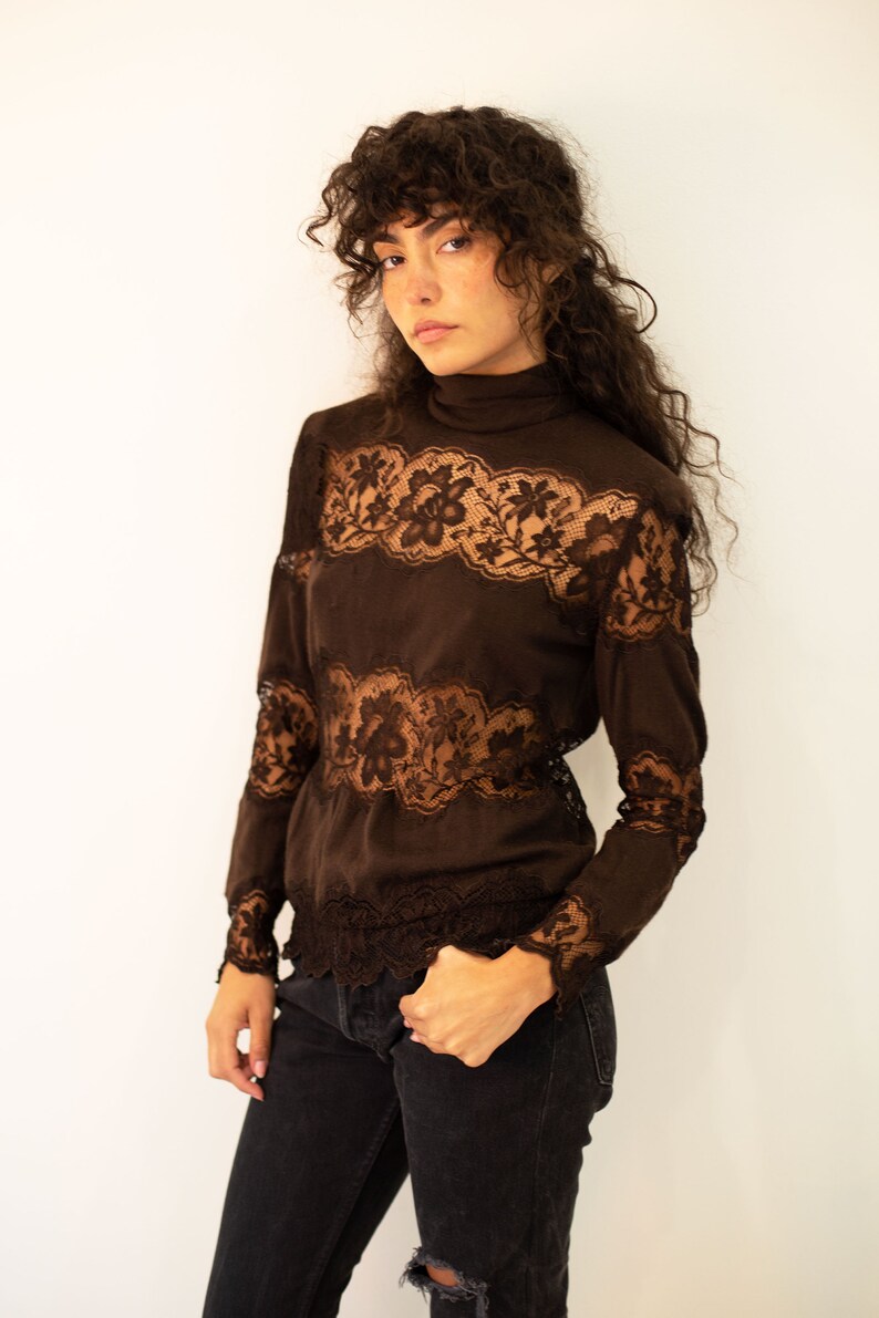 Vintage VALENTINO 1980s Brown Cashmere Lace Inset Turtleneck Top sz XS S M Sheer Sexy 80s 90s Garavani image 5