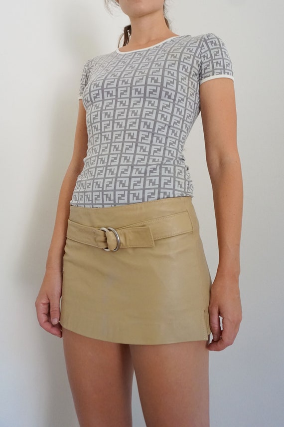 Vintage 1990s Tan Leather Micro Mini Skirt with Bu