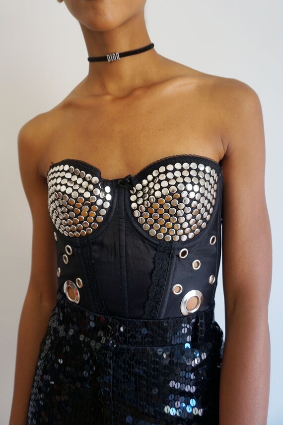 1980s Studded Grommet Bustier 34B Corset Adjustabl