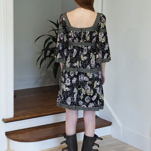 Vintage MISSONI Y2K Tiered Floral Babydoll Mini Dress with Bell Sleeves Knit Trim in Black Floral IT 38 XS S Umpire Waist Square Neck image 6