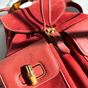 GUCCI Coral Red Suede & Leather Bamboo Handle Backpack Large Jumbo GG Gold Hardware Logo 90s Y2K Toggle image 7