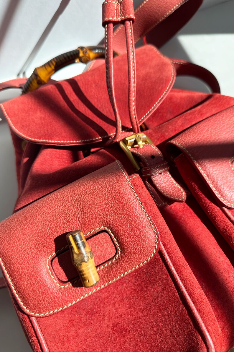 GUCCI Coral Red Suede & Leather Bamboo Handle Backpack Large Jumbo GG Gold Hardware Logo 90s Y2K Toggle image 7