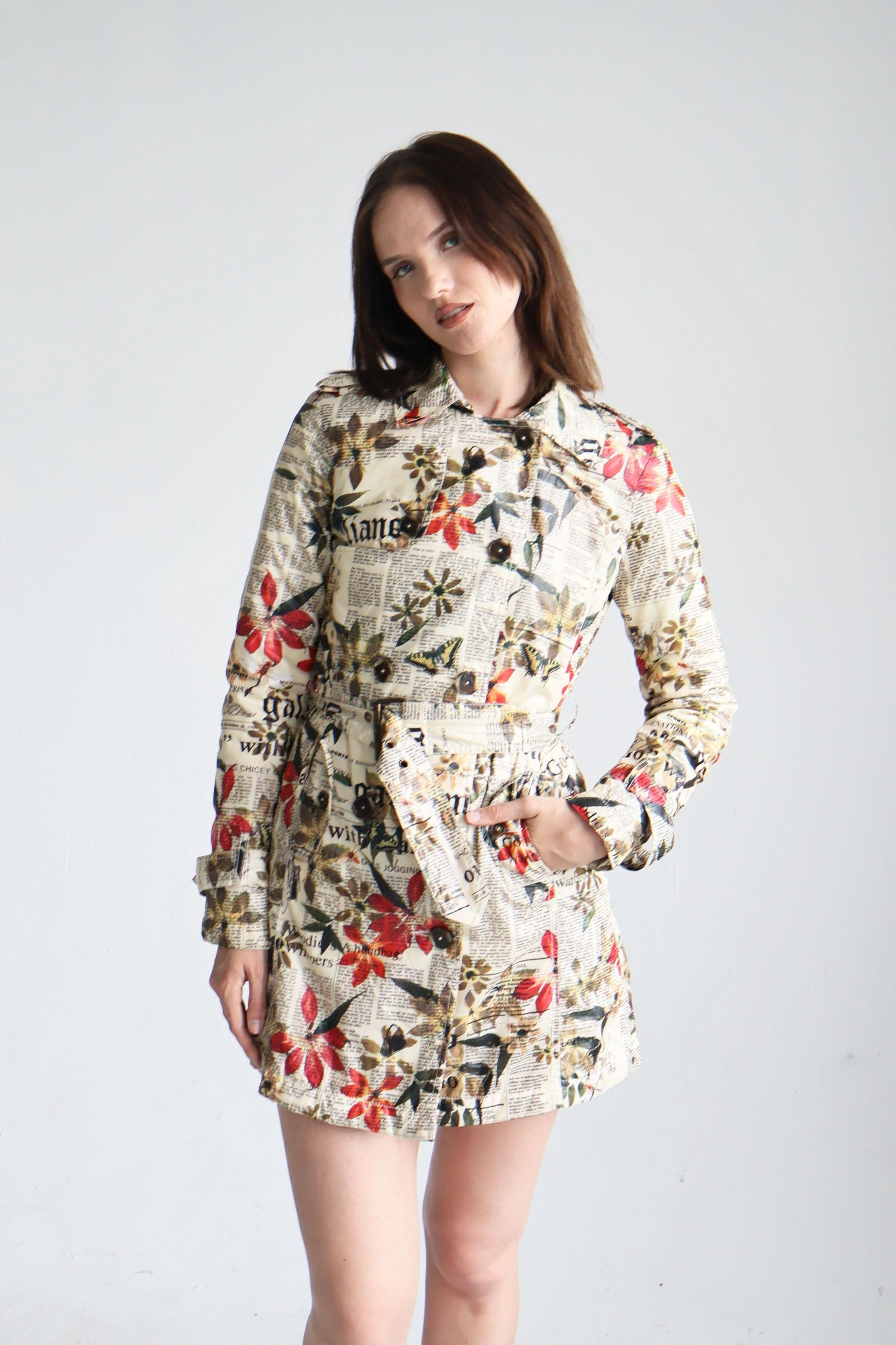 John Galliano 2000s Gazette and Floral Print Trench Coat
