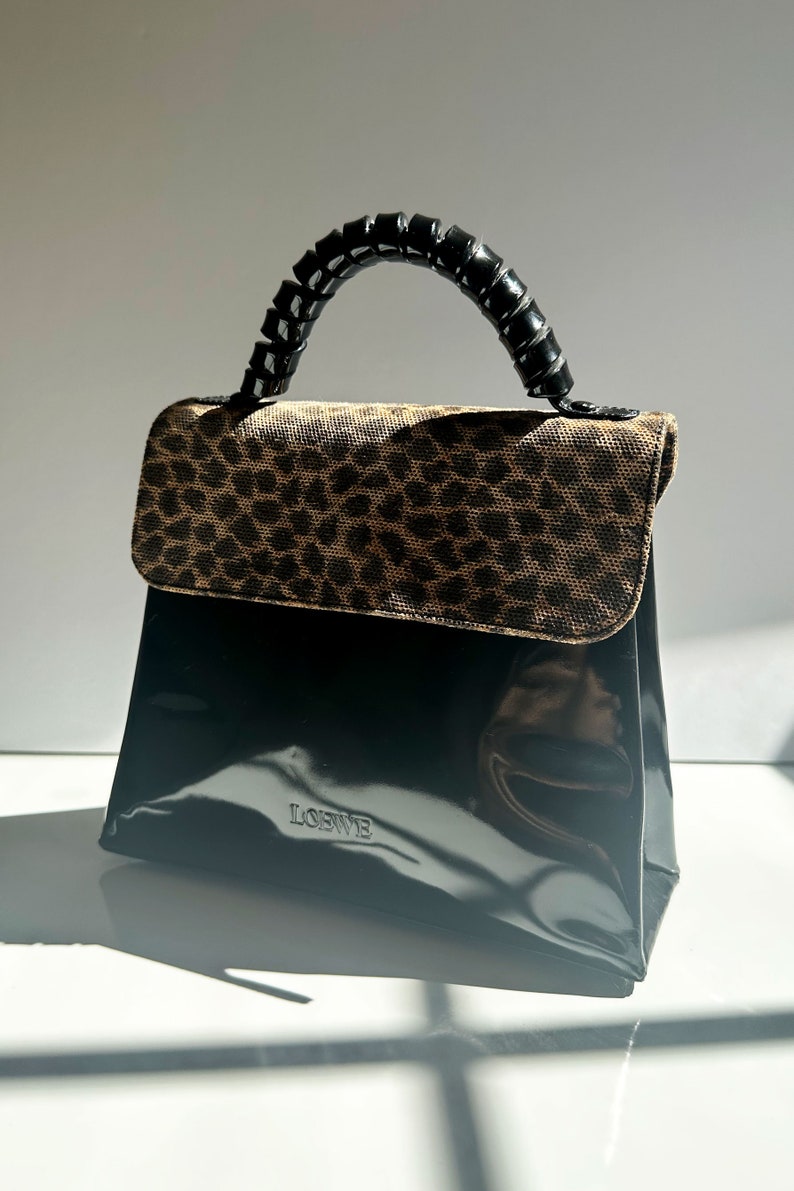 Vintage LOEWE Noir Patent and Leopard Print Top Handle Bag with Curly Handle Minimal Gold made in Spain Black Cheetah Print image 2