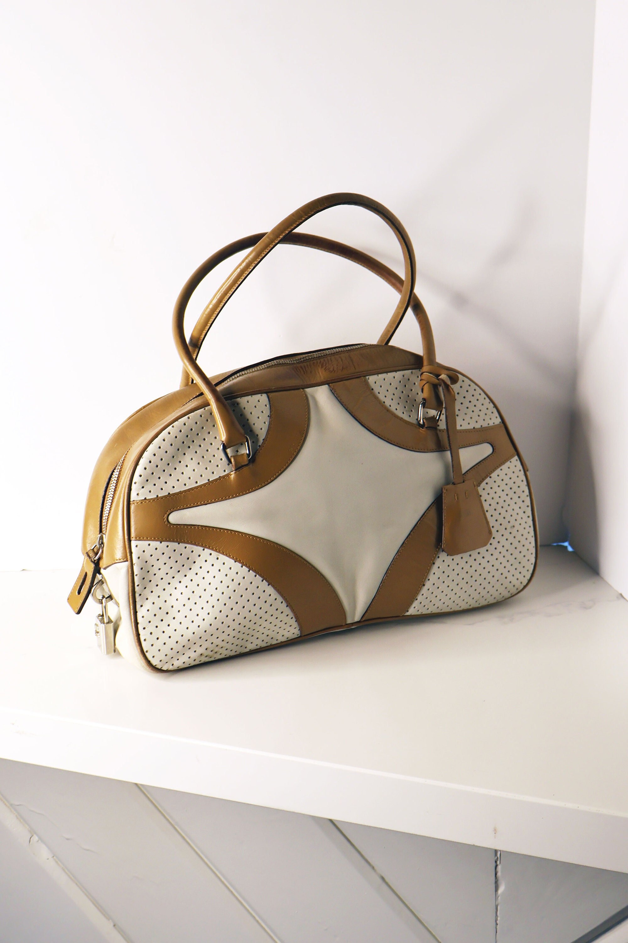 Vintage PRADA Vitello Drive Y2K Leather Bowling Bag With Perforated Leather Silver Hardware Lock Key Minimal Tote Top Handle White Brown Etsy Canada